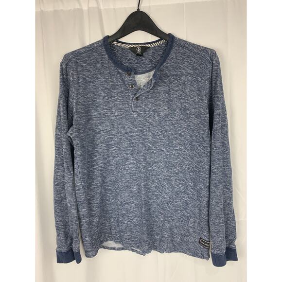 Volcom Henley Shirt Men Medium Blue Long Sleeve Pullover Button Logo Pocket Knit - Picture 1 of 12